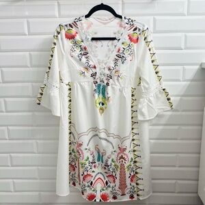 NWT Emery Rose Floral Print Guipure Lace Insert Flare Sleeve Dress, Small